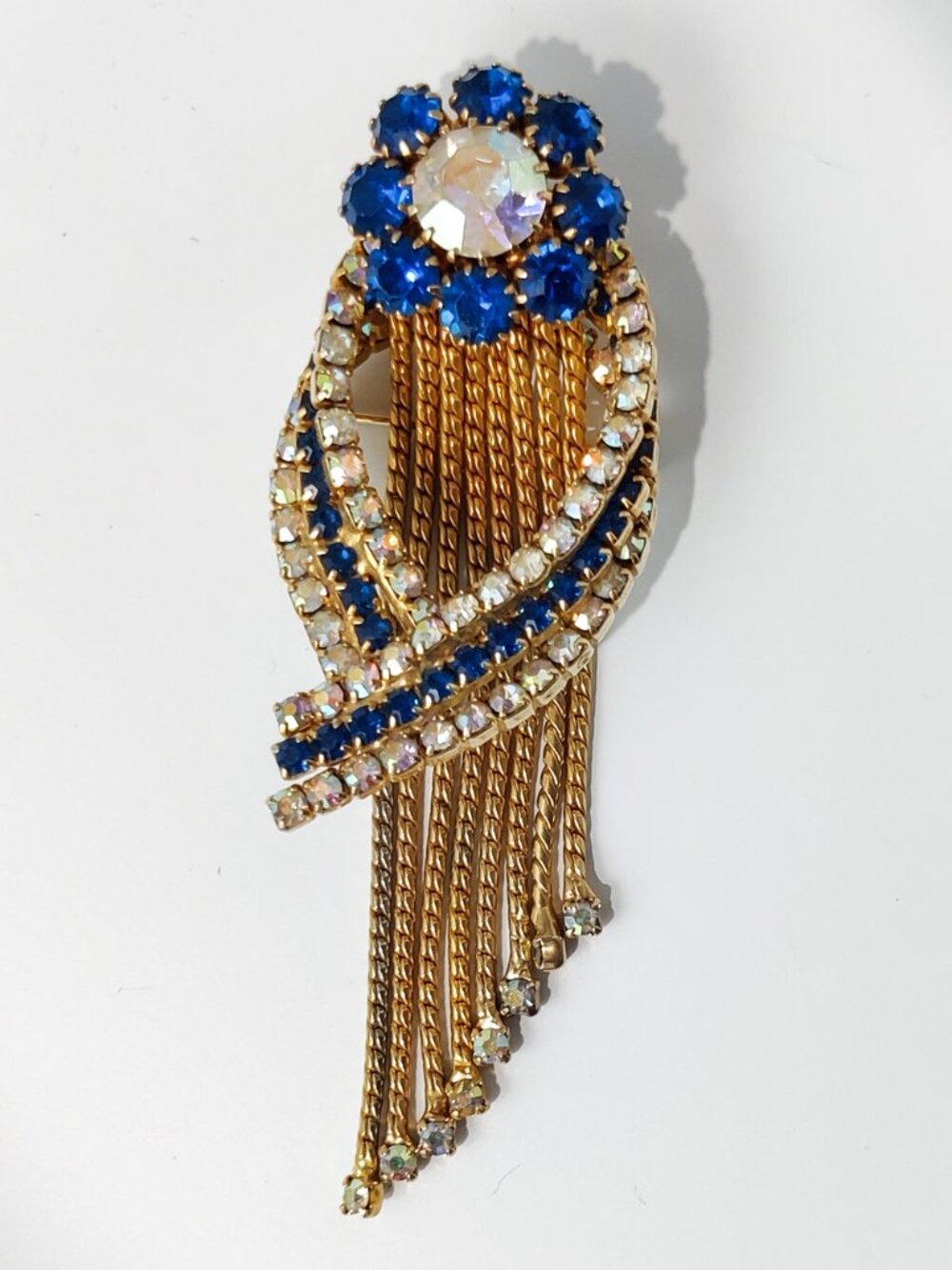 Vintage 1950s Waterfall Brooch Blue White AB Rhinestone Gold Tone Pin 4"